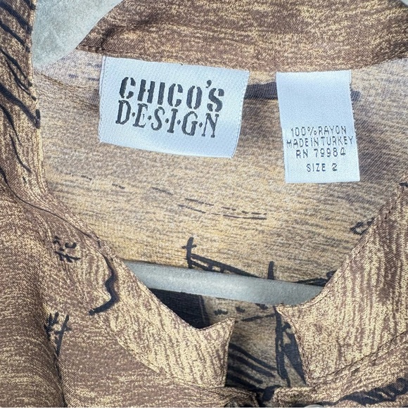 VTG Chico's Brown Sheer Button Down Shirt with Artistic Japanese Prints Large - Picture 9 of 10